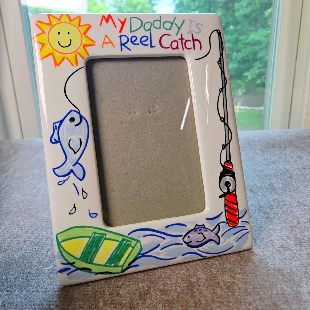 Russ Scribbles My Daddy Is A Reel Catch Fishing Ceramic 4x6 Picture Frame White